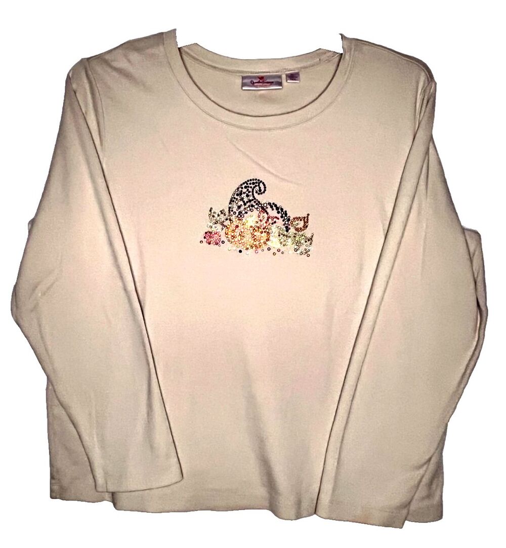 Quacker Factory Cream Embossed Harvest Style Cotton Long Sleeve Top Size XL